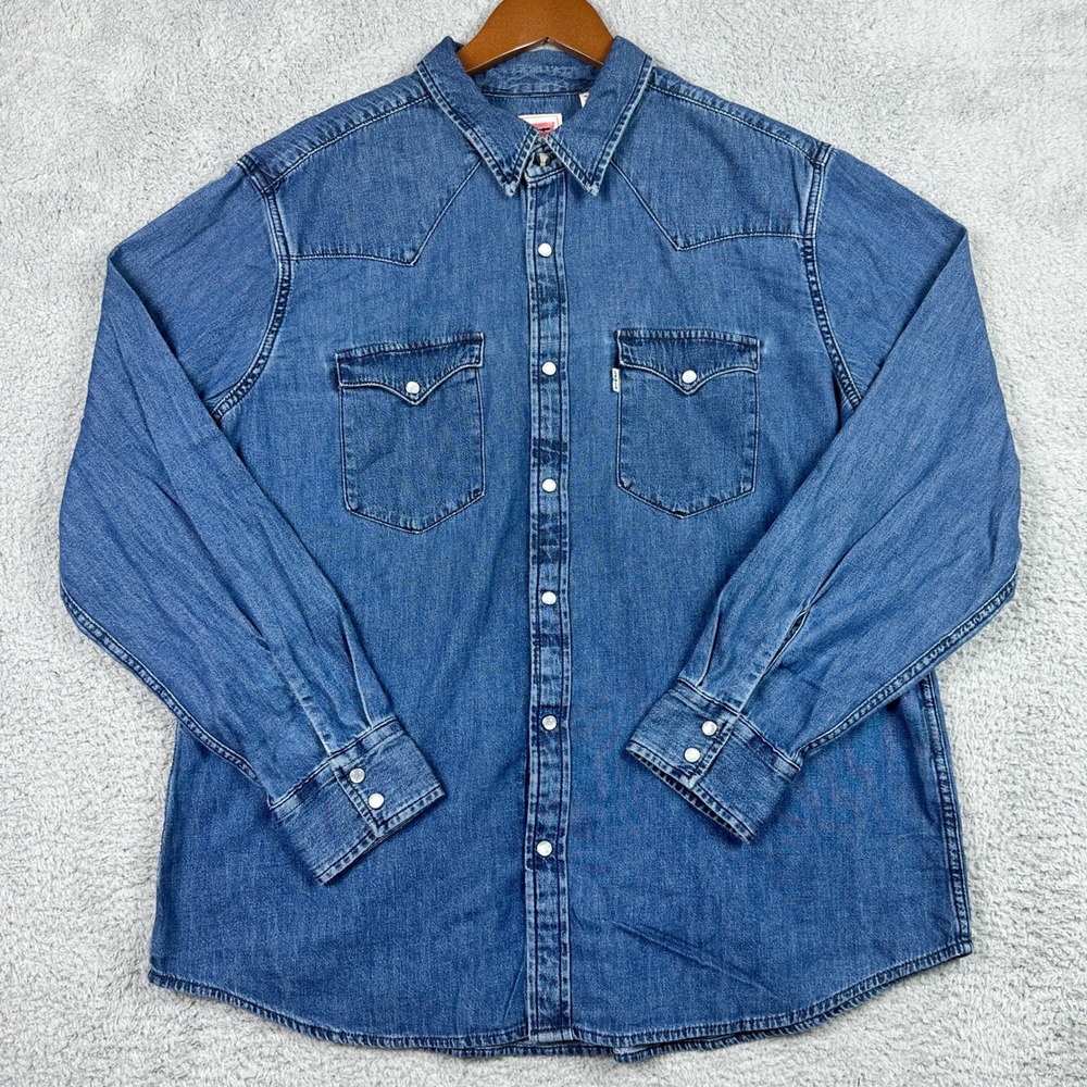 Levis Western Vintage Denim Shirt Men XL Blue Pearl Snap Long Sleeve Regular Fit